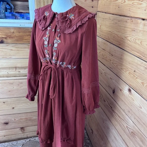 Vintage Rust Long Sleeve Maxi Dress Floral Embroidery Corduroy Lace Womens Large - Picture 7 of 10